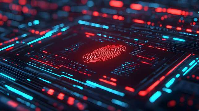 Futuristic Authentication, Digital Fingerprint on a Complex Circuit Board, representing secure access and advanced technological solutions