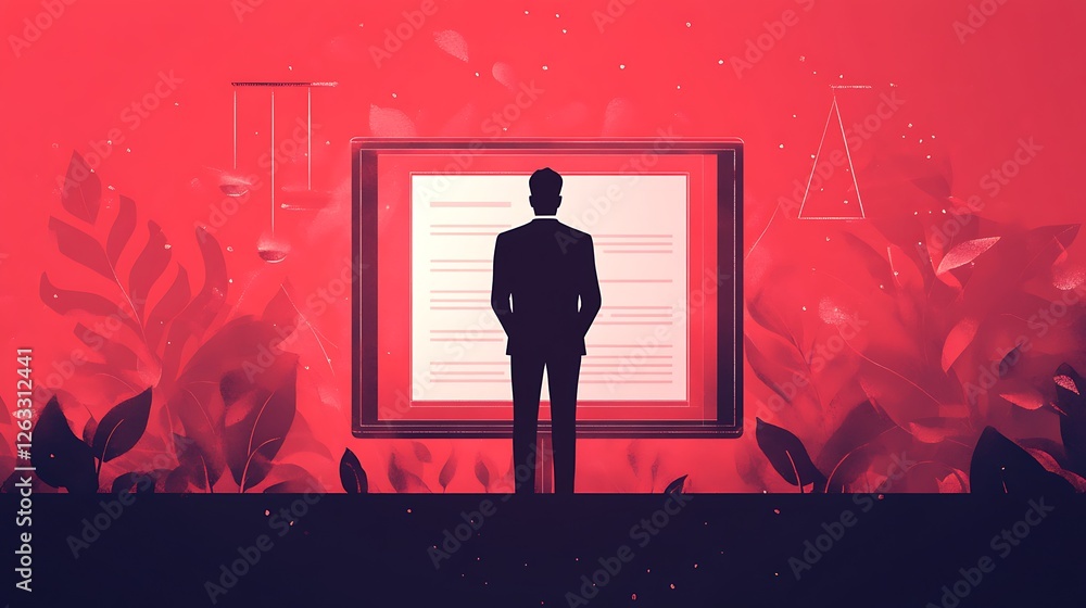 Poster businessman facing a large document displayed on a screen, surrounded by red foliage and symbolic el
