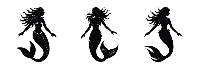 Obraz premium A vector collection of mermaid silhouettes on white background