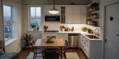 Fototapeta premium Bright kitchen features open shelves and a wooden table
