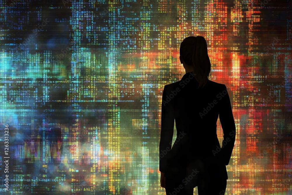 Poster the future beckons: a silhouette of a woman stands poised against a dynamic backdrop of digital code