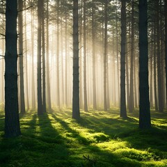 Mystical Foggy Forest with Sunlight Filtering Through Trees Peaceful Forest with Morning Rays beautiful forest natural background dynamic forest scene 4k HD high quality wallpaper background 