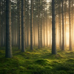 Mystical Foggy Forest with Sunlight Filtering Through Trees Peaceful Forest with Morning Rays beautiful forest natural background dynamic forest scene 4k HD high quality wallpaper background 