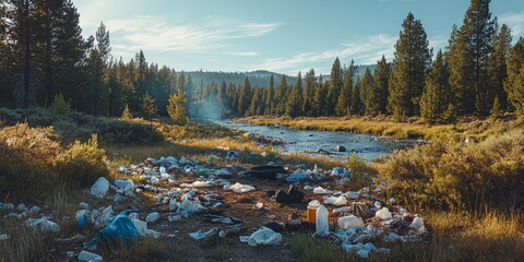 Camping in the mountains, garbage scattered around, pollution of the area
