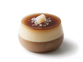 Salted Caramel Pudding Dessert with Vanilla Topping on White Background