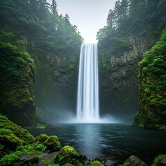 Fototapeta premium Majestic Waterfall with Mist and Lush Green Surroundings , waterfall in the mountains trees and plants 4K HD high quality wallpaper background 