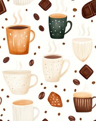 Obraz premium seamless pattern hand drawn illustration cute style Colorful cups of coffee and chocolate treats.
