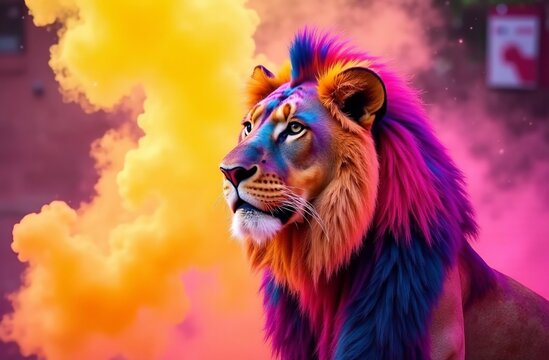 Animal lion sprayed colorful colors holi, Indian spring festival. AI Generative - Powered by Adobe