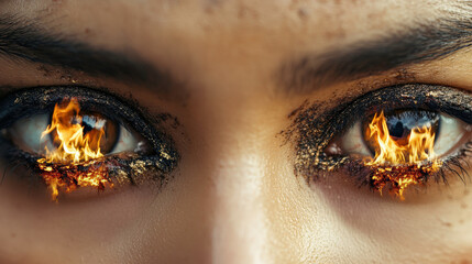 Intense Close-Up of a Pair of Eyes with a Burning Effect, Dramatic Look, Surreal Art, Eye Shadows, Fiery Elements, Unique Visual Concept, Intriguing Expression