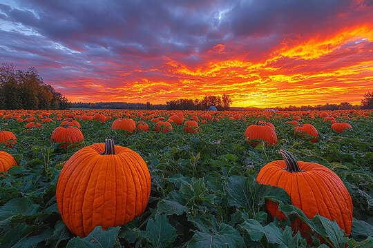 A sunset over a bright orange pumpkin farm