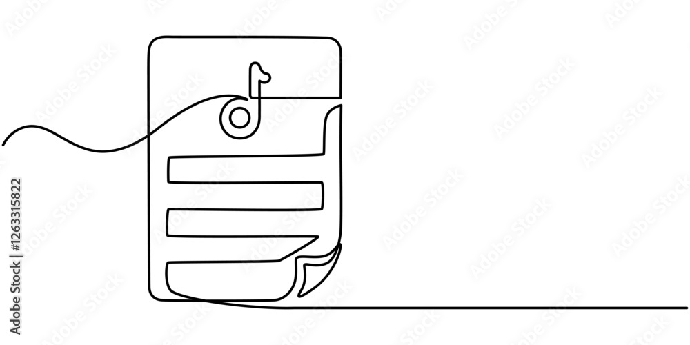Poster document music icon continuous one line drawing, a single line drawing of a file with note symbol. c