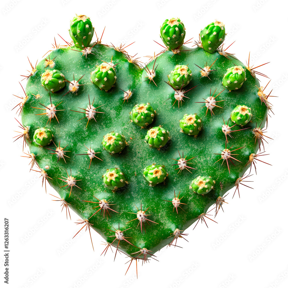 Poster a heart-shaped cactus with rounded pads and small spines isolated on transparent background