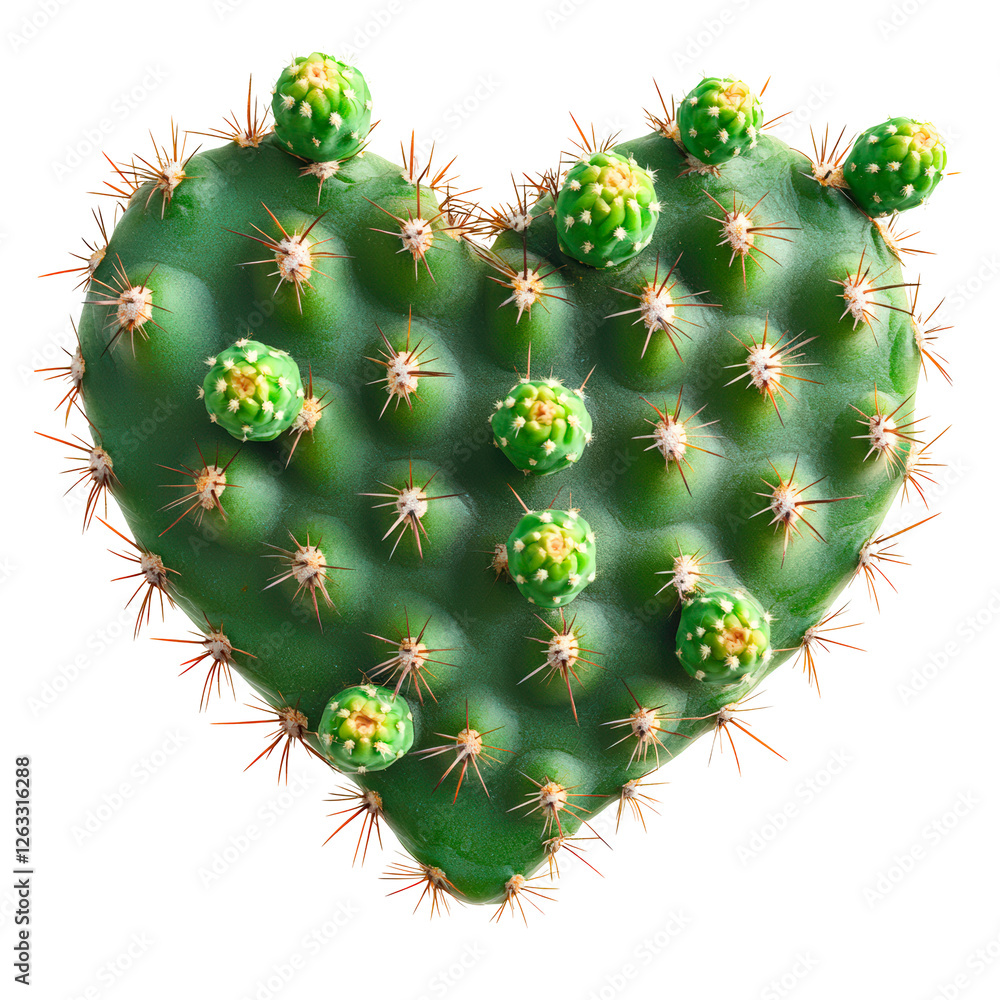 Poster a heart-shaped cactus with rounded pads and small spines isolated on transparent background