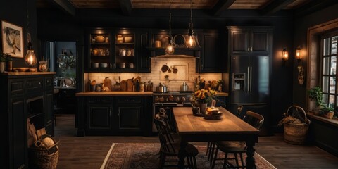 Dark Rustic Kitchen With Wooden Table And Pendant Lights