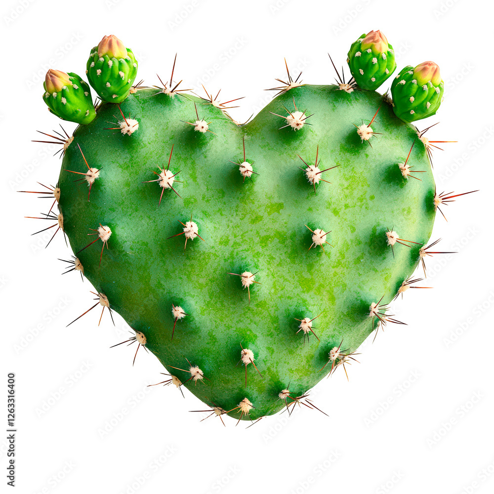 Poster a heart-shaped cactus with rounded pads and small spines isolated on transparent background