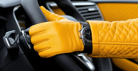 Stylish Yellow Leather Glove Gripping Steering Wheel in Luxurious Car Interior with Black Watch Highlighting Fashion and Comfort in Driving Experience