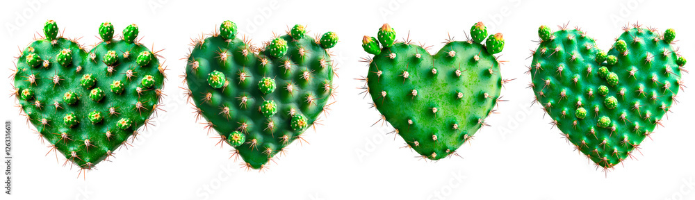 Poster set of heart-shaped cactus with rounded pads and small spines isolated on transparent background