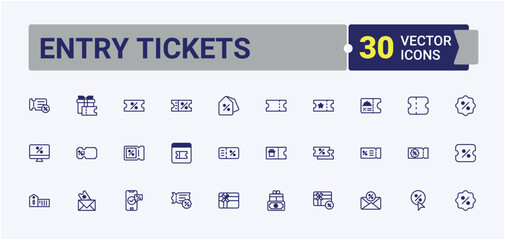 Entry Tickets icon set. Featuring business, concert, star, win, seat, entrance, offer and more. Minimal linear icons. Vector outline and solid icons collection.