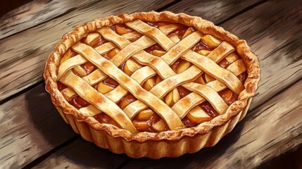 A hand-drawn image of a freshly baked pie with a golden crust, filled with rich apple filling, and a lattice top, set on a rustic wooden table.