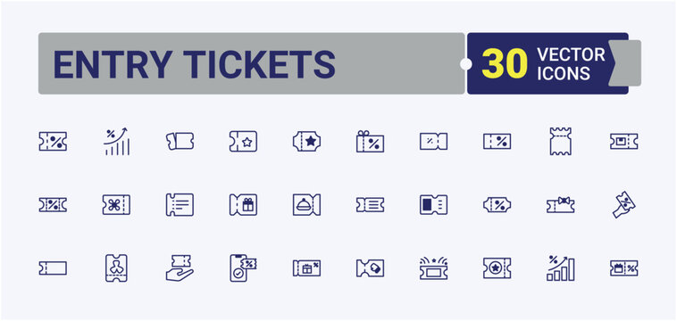 Entry Tickets icon set. Featuring business, concert, star, win, seat, entrance, offer and more. Minimal linear icons. Vector outline and solid icons collection.