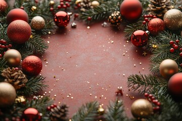 Festive holiday decorations featuring red and gold ornaments arranged around a rustic backdrop perfect for seasonal celebrations and cheerful gatherings