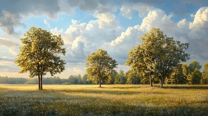 Obraz premium Stunning Field and Sky Scenery with Lush Green Tree Line