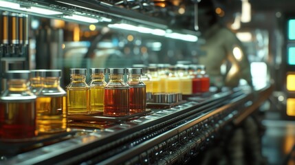Row of colored liquid bottles