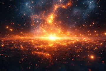 Vibrant cosmic explosion illuminates the vast universe with fiery colors and stellar patterns in a breathtaking celestial display