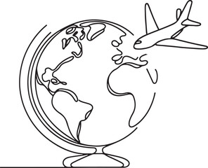 Simple Line Drawing of Earth Globe and Plane