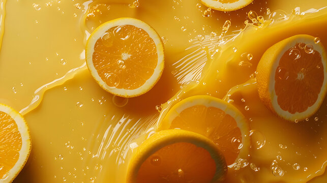 Freshly sliced oranges floating in vibrant juice with splashes, ideal for food and beverage themes