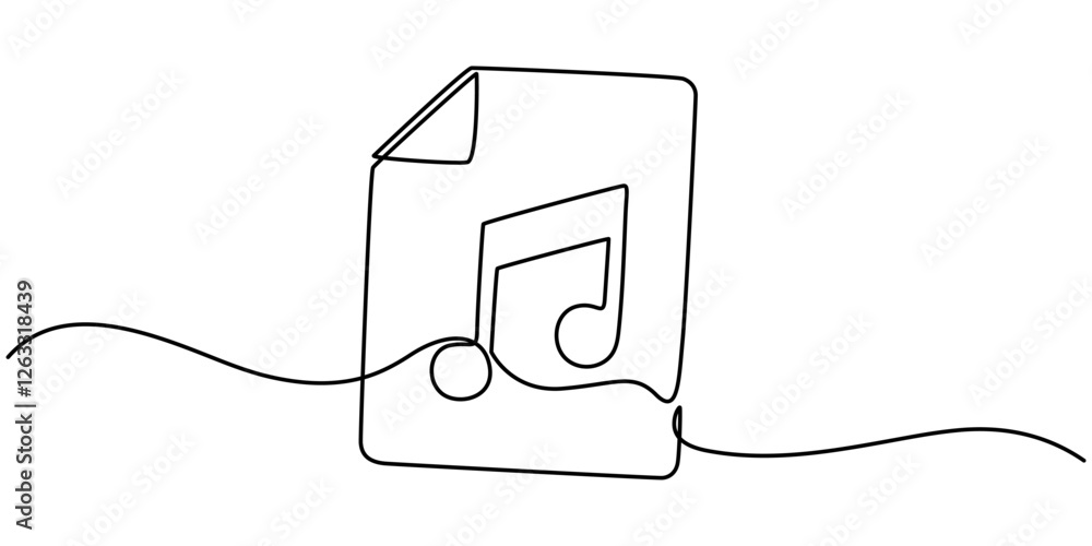 Poster document music icon continuous one line drawing, a single line drawing of a file with note symbol. c