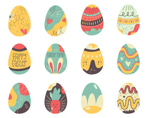 Easter egg collection designs. Easter holiday eggs hunt in colorful flat style with carrot. Art deco decor. Stock illustrations clipart