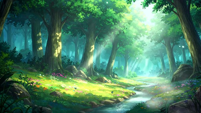Beautiful tropical forest river scenery in fantasy style. Japanese anime style illustration animation background.
sun rays through the forest