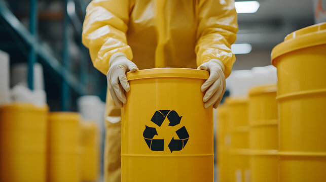 Person in protective suit handles a yellow waste container with recycling symbol, in an industrial setting. Safety first, promoting waste reduction and management.