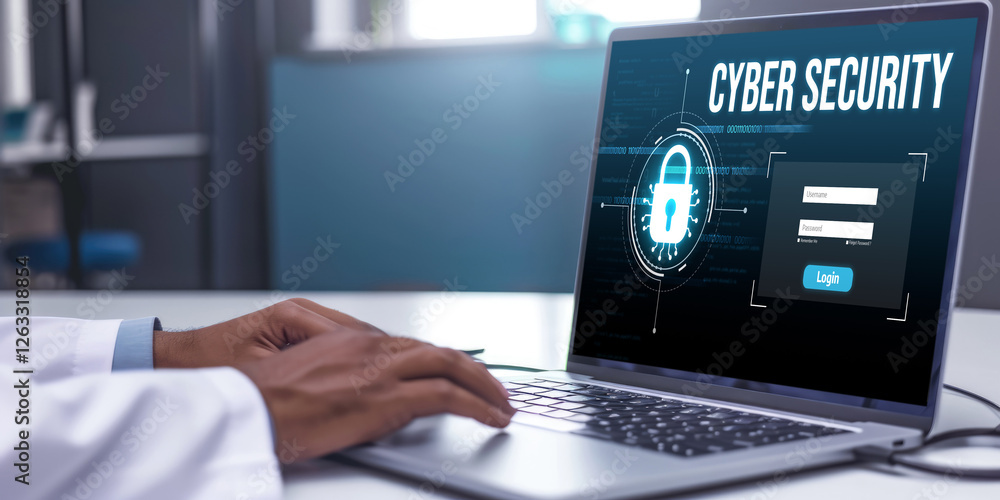 Poster cyber security system on computer screen protect private information brisk from hacker and cyber att