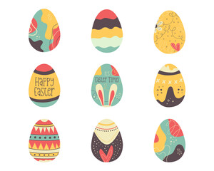 9 Easter egg collection designs. Easter holiday eggs hunt in colorful flat style with rabbit ears. Art deco decor. Stock illustrations clipart