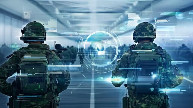 Graphical visualization of the soldiers formation, covered with digital data and network symbols on a futuristic background