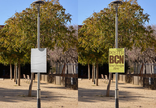 Advertising poster attached to a lamppost in a children's park in Barcelona, highlighting urban life and outdoor activities.
