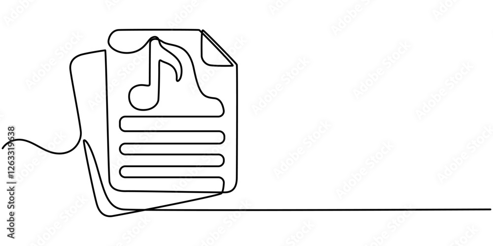 Poster document music icon continuous one line drawing, a single line drawing of a file with note symbol. c