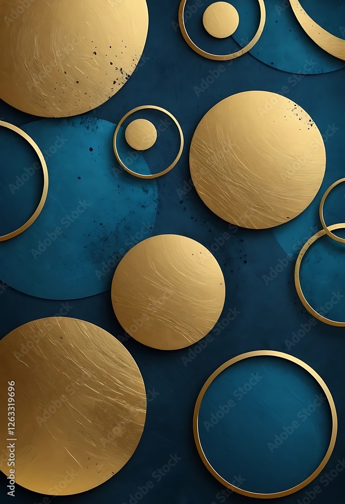 Poster abstract golden circles floating on deep teal background artistic design