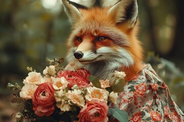 Naklejka premium Fox with Flowers Close Up