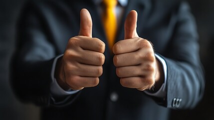 Close-up of businessman's hands showing thumbs up, signifying approval or success.