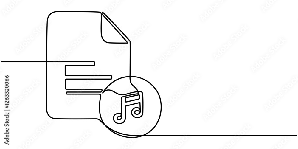 Poster document music icon continuous one line drawing, a single line drawing of a file with note symbol. c