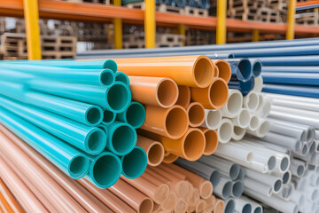 Pipes of various colors stacked in a warehouse. Colorful polyvinyl chloride (PVC) piping are ready for plumbing and drainage projects.