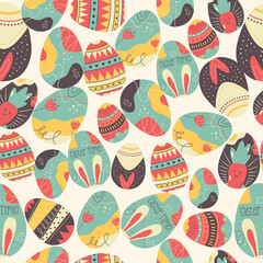 Easter eggs pattern. Happy Easter background with different egg . Flat colorful seamless design. Stock Easter wallpaper illustration