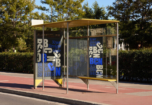 Bus Stop Shelter Ads in Urban Barcelona Setting. Indoors view with reflection in the inner glass. Two design options for Mockup ready for use