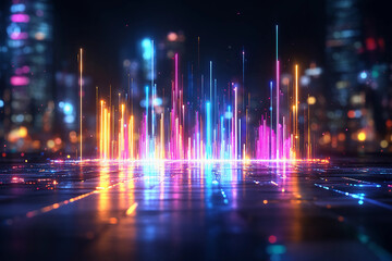 Glowing bullet chart with horizontal bars of light, varying in length and color, showcasing performance metrics on a dark background with subtle grid lines
