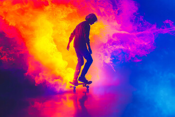Youthful energetic teenager skateboarding on vivid colorful smoky glowing background with copy space, athletic silhouette of teen boy skating, copy space, concept of youth, pop art, sports