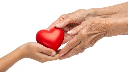Close-up of elderly and young hands passing a red heart, representing love, kindness, support, and generational connection. Symbol of charity, care, and emotional warmth on a white background.