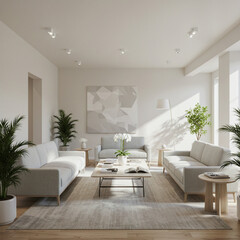 Company waiting lounge, area, uncluttered, modern, sofa, chairs, tables,